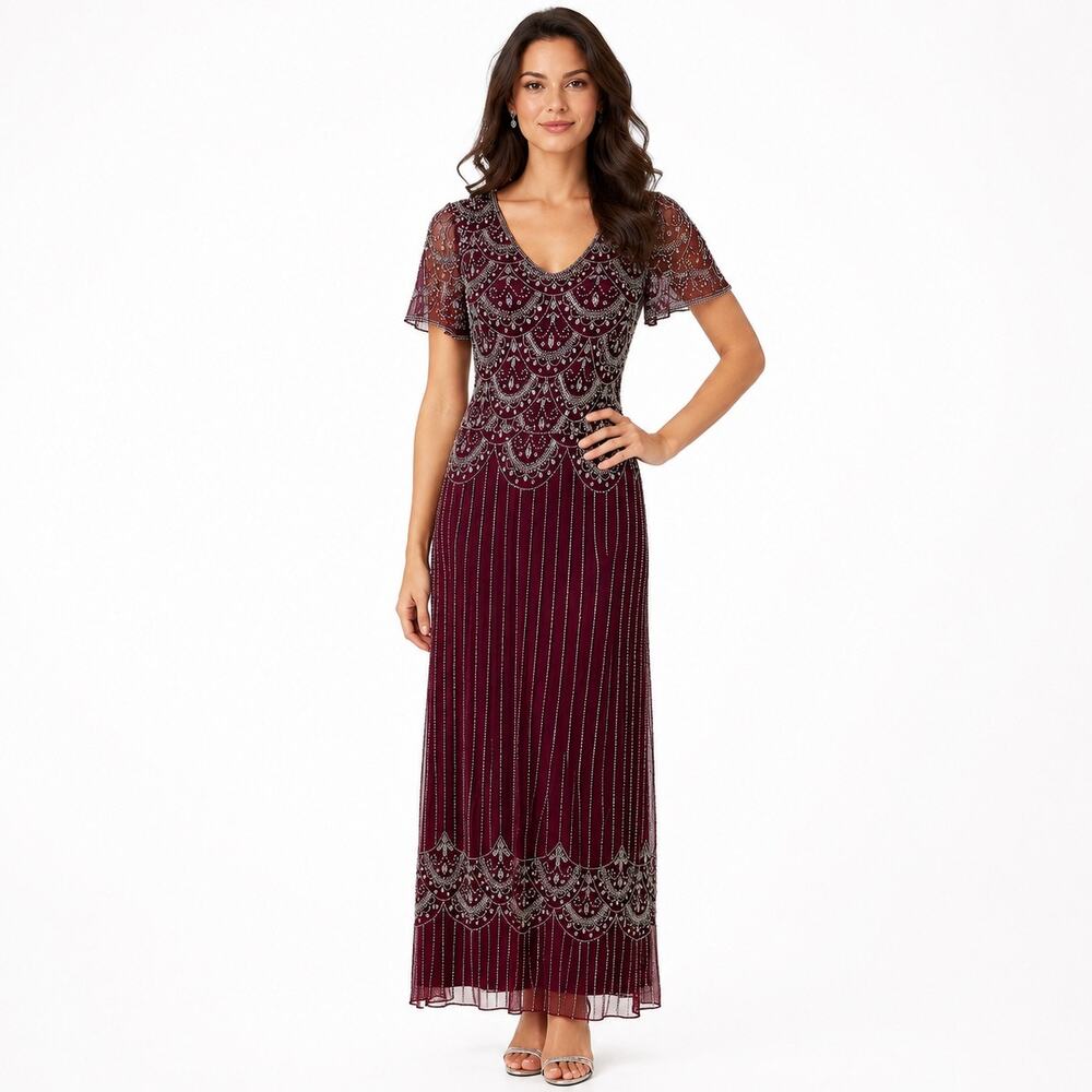 BHLDN Size 0 Burgundy Breena Beaded Maxi Dress Sheer Formal Holiday Christmas